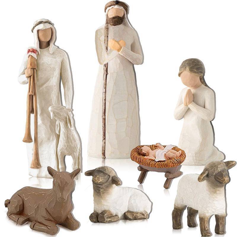 lot 45104 image: 7 Pieces Artisan Christmas Nativity Set - Manger Scene With Wood Figures for Home Decoration - Retail $30