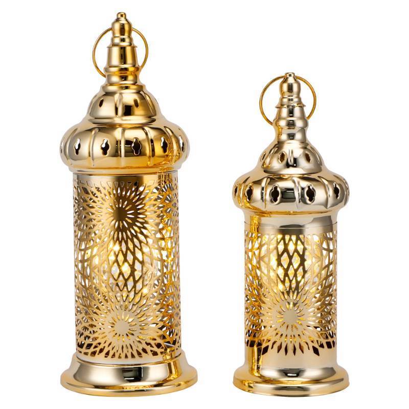 lot 45142 image: Ramadan Lanterns Set of 2 10 &12.5 Gold Electric Candle Holders with Timer, Metal Decorative Vintage Lanterns for IndoorOutdoor Decor, Perfect EID Mubarak Gift - Retail $40