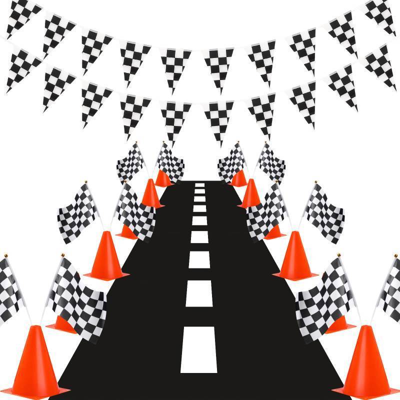 lot 45161 image: Traffic Cones and Racing Checkered Flags Set-include 12 Plastic Traffic Cones,12 Flags with Sticks,31 ft Checkered Pennant Banner and 9.8 x 2 ft Racetrack Floor Running Mat(Orange) - Retail $23