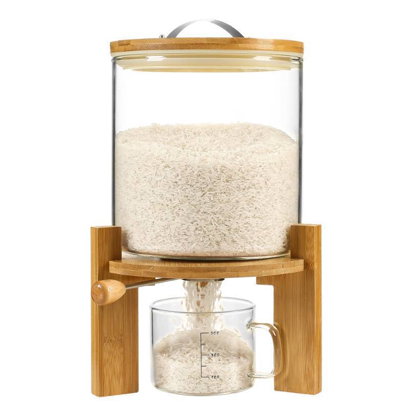 lot 45201 image: Rice Dispenser, Rice Storage Container, Flour and Cereal Container with Airtight Lid and Wooden Stand, Glass Food Storage Container for Kitchen Organization and Pantry Store (5L) - Retail $70