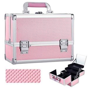 lot 36444 image: Pink Makeup Train Case, 3-Tier Makeup Box Organizer and Portable Makeup Organizer Box, Hard Makeup Case with Mirror and Lock, Professional Makeup Case for Women, 11.8 x 9.1 x 7.1 - Retail $34