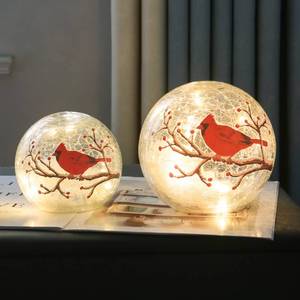 lot 36447 image: 1pc Large Crackle Glass Ball Cardinal Lamp - Light Up Red Bird Stained Christmas Decor Accent, Orb Night Light, LED Sphere Desk Table Lamp - Retail $20