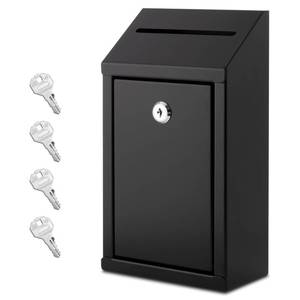 lot 36459 image: Metal Donation Box with Lock, Wall Mounted, Suggestion Box with 4 Iron Keys, Black, Cash Drop Box with Slot, 1-Pack - Retail $24