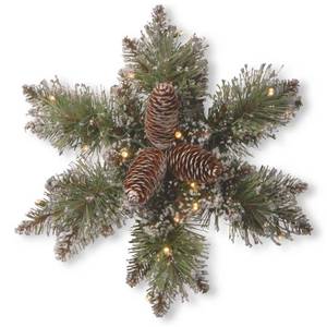 lot 36470 image: National Tree Company Pre-Lit Artificial Christmas Star Wreath  Green  Glittery Bristle Pine  White Lights  Decorated with Pine Cones  Frosted Branches  Christmas Collection  14 Inches - Retail $40