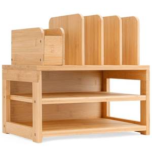 lot 36474 image: Bamboo Desk Organizer with File Holder, Office Organization for Desks with Adjustable Pen Holding, Desktop Letter Paper Tray Storage for Workplace Home School (3-Tier,Natural) - Retail $39