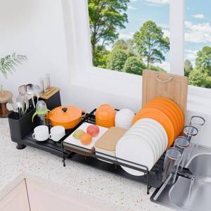 lot 36485 image: Large Dish Drying Rack - Expandable Dish Drying Rack with Utensil Holder & Cup Holder, Auto-Drain Multifunctional Dish Racks for Kitchen Counter with Drainage - Retail $25