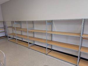 Industrial Metal Shelving Units with Wood Shelves (8 joined sections) 4 shelves in each section  - Retail: $750