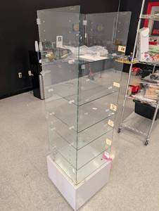 lot 11 image: Glass Display Case Cabinet with Multiple Shelves  - Retail $150