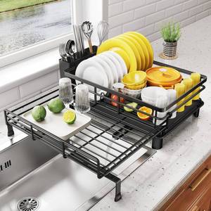 lot 8394 image: SNTD Dish Drying Rack - Extendable Dish Rack, Large Sink Drying Dish Drainer for Kitchen Counter, Stainless Steel Dish Strainer with Utensil Holder (Black) - Retail $28