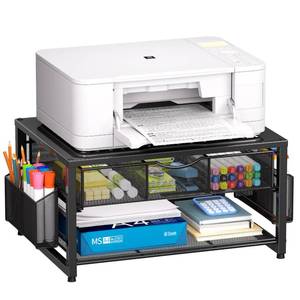 lot 8398 image: Marbrasse Metal Printer Stand for Desk with Storage Drawer and 2 Pen Holders, 2-Tier Desktop Organizer Printer Table for Home Office, Multi-Purpose Desk Organizer for Fax Machine Scanner Files(Black) - Retail $37