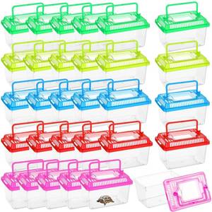lot 8410 image: 30 PCS Plastic Reptile Terrarium Carrier Cage, Portable Transparent Aquarium Box with Slotted Ventilation Holes for Turtle, Snake, Spider, Breeding, Hatching, Fish, 5 Colors Lid, 5 x 3.4 x 3.4 in - Retail $35
