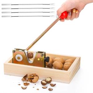 lot 8415 image: Pumtus Manual Nutcracker, Heavy Duty Nut Tongs with 4 Forks & Wooden Base, Adjustable Macadamia Nut Opener Tool, Walnut Pecan Sheller Machine, Nut Peeling Machine for Chestnut Hazelnut Almonds - Retail $18