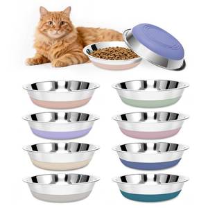 lot 8418 image: 8 Pack Stainless Steel Cat Bowls, Cat Dishes Whisker Friendly with Non-Slip Silicone Bottom, Easy to Clean, 5.5 Shallow Wide Cat Food and Water Feeding Bowl for Indoor Outdoor Cats
