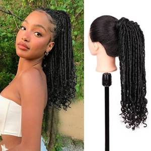 lot 8421 image: WIGER Faux Locs Ponytail Hair for Black Women Twisted Black Ponytails Clip In Dreadlock Ponytail Extensions 18 Inch Wrap Around Faux Locs Ponytails Goddess Locs with Curly Ends - Retail $21