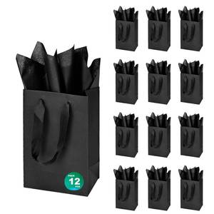 lot 8438 image: Papertide 12 Pack Small Black Gift Bags 5.2x3.2x8 inch with Tissue Paper, Reusable Mini Gift Bags for Jewelry, Candles, Cosmetics, Birthday, Party Favors, Thank You Gifts - Retail $13