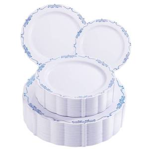 lot 8442 image: DaYammi 60PCS Blue and White Plastic Plates Blue Rim White Disposable Plates Blue White Party plates Include30 Plastic Dinner Plate 30 Dessert plate and Wedding & Party Dining - Retail $35