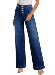 lot 8457 image: SHEWIN Women Jeans Spring Straight Leg High Waist Pants Trendy Petite Stretchy Strech Loose Denim Jean Inseam 29, Size 4, Navy Blue - Retail $37
