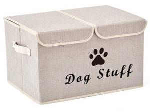 lot 8469 image: Brabtod Large Dog Toys Storage Box Canvas Storage Basket Bin Organizer with Lid - Collapsible Linen Bin Ideal for Organizing Dog Cat Toys and pet Stuff-PP Boad-17 x 12 x 10 - Beige - Retail $24