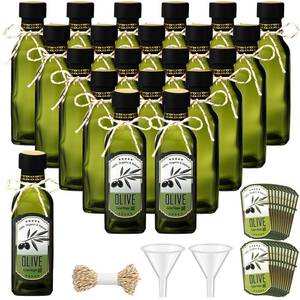 lot 8479 image: Reallnaive 13 Pcs 4 oz Mini Glass Olive Oil Bottles Empty Sauce Condiment Bottles with Dropper Inserts and Sticker Seals Caps for Gifts Kitchen (Sqaure,Dark Green) - Retail $32