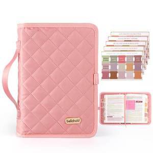 lot 8488 image: BellaHold Adjustable Bible Cover with 75 Bible Tabs - Bible Cover Case for Women Waterproof, Washable Quilted Bible Case Reusable Christian Gifts for Women (Pink, S) - Retail $10