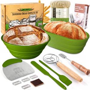 lot 8516 image: Sourdough Bread Baking Supplies 34 OZ Sourdough starter kit with 2 Bread Proofing Basket - Green BASKETS AND SCORER ONLY - Retail $22