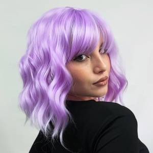 lot 8524 image: LINGHANG Purple Wig with Bangs Short Light Purple Wigs for Women, Lavender Purple Bob Wavy Wig Synthetic Cosplay Wigs for Party Halloween Party - Retail $25