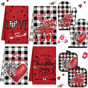 lot 8542 image: 8 Pcs Valentines Day Kitchen Towels Oven Mitts and Pot Holder Set Red Black and White Kitchen Dish Towels Buffalo Plaid Heat Resistant Oven Gloves Potholder for Holiday Cooking Baking