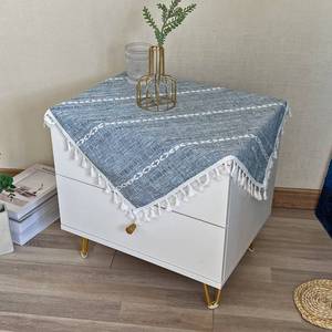 lot 8543 image: Hpxrom Rustic Bedside Square Small Tablecloth Striped Embroidered Washable Blue Table Cover Farmhouse Stitching Tassel Table Cloth for Nightstand Cabinet Tabletop Decoration 24 x 24 Inch - Retail $13