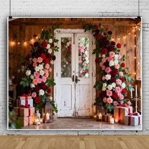 lot 8549 image: 10x8ft Valentines Photo Backdrop Glitter Rustic White Wooden Door Roses Flower Valentine Backdrops for Photography Galentines Valentines Day Decorations for Party Photo Props Background - Retail $41