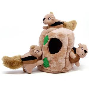lot 8554 image: Outward Hound Hide-A-Squirrel Dog Toy Interactive 2 in 1 Plush Puzzle with 3 Squeaky Removable Squirrels, Large - Retail $21