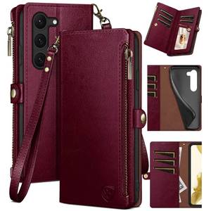 lot 8558 image: XcaseBar for Samsung Galaxy S23 5G Wallet case with Zipper Credit Card Holder RFID Blocking, Flip Folio Book PU Leather Phone case Shockproof Cover Women Men for Samsung S23 case Wine Red - Retail $25