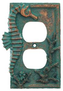 lot 8573 image: Top Brass Seahorse Nautical Beach Art Decor - Electrical Cover Wall Plate BronzeVerdigris Finish - Single Switch, Double, Rocker, Outlet (Outlet) - Retail $15