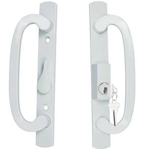 lot 8577 image: Keyed Sliding Patio Glass Door Handle Set Fits for Truth Legacy &amp Sash Controls PN #2265, 45° Keyway wo Mortise Lock, 3-1516 Hole Centers, Non-Handed, White Diecast, B Position - Retail $50