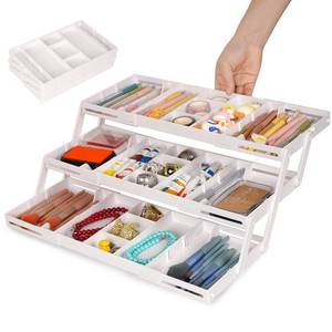 lot 8586 image: 3 Tier Drawer Organizer - Expandable Junk Drawer Organizer Smart Office Supply Organizer, Folding Drawer Storage Multi-level Desk Organizer for Makeup,Jewelry,Kitchen Storage (1 Row 3 Tier, White) - Retail $24