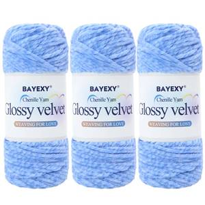 lot 8590 image: BAYEXY Glossy Velvet Chenille Yarn for Crocheting Bulky - 3 Skein of 200g7oz - Ultra Soft Baby Blanket Chunky Plush Yarn for Knitting Amigurumi Crochet Blankets (3x151 yds) (Sky Blue) - Retail $16