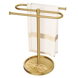 lot 8594 image: Bathroom Hand Towel Holder Stand Gold, S-Shape Countertop Towel Standing, Stainless Steel Towel Rack Bar Holds 2 Towels for Kitchen - Retail $25
