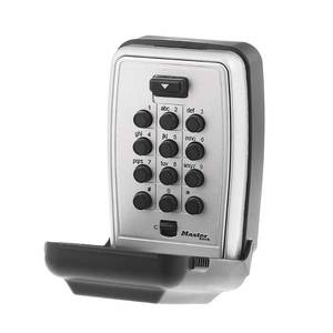 lot 8596 image: Master Lock Wall Mount Key Lock Box with Push Button for House Keys, Outdoor Safe with Combination Lock, 5 Key Capacity, 5423EC , Black LOCKED - Retail $39