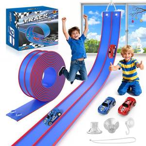 lot 8644 image: DKOXT 15 Ft Flexible Race Track for Kids, DIY Car Track Set with 2 Toy Cars & 3 Suction Cup Ramps, Easter Basket Stuffers for Teens & Boys Girls, Creative Easter Gifts for Kids, Blue - Retail $42
