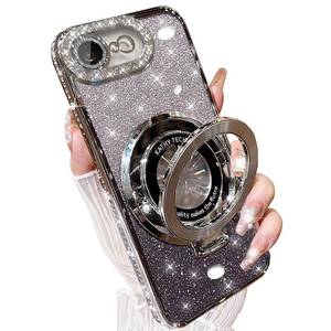 lot 8671 image: AuroiCCY for iPhone 16e & iPhone 17e Magnetic Ring Stand Case Compatible with MagSafe, Bling Sparkly Phone Cover with Crystal Diamonds Rhinestone Case with Camera Lens Protector (Silver) - Retail $10