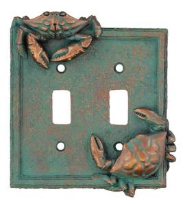 lot 8674 image: Top Brass Nautical Crab Starfish and Seashell Beach Electrical Cover Wall Plate BronzeVerdigris Finish - Single Switch, Double, Rocker, Outlet (Double Switch Cover) - Retail $17