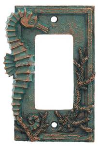lot 8677 image: Top Brass Seahorse Nautical Beach Art Decor - Electrical Cover Wall Plate BronzeVerdigris Finish - Single Switch, Double, Rocker, Outlet (Rocker) - Retail $15