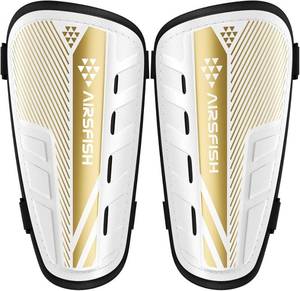 lot 8458 image: AirsFish Kids White and Gold Soccer Shin Guards Size S Plus
