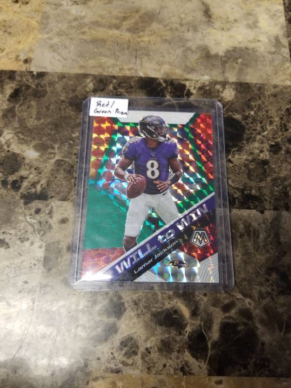 lot 1226 image: 2020 Panini Mosaic Football RedGreen Prizm Lamar Jackson Baltimore Ravens Card