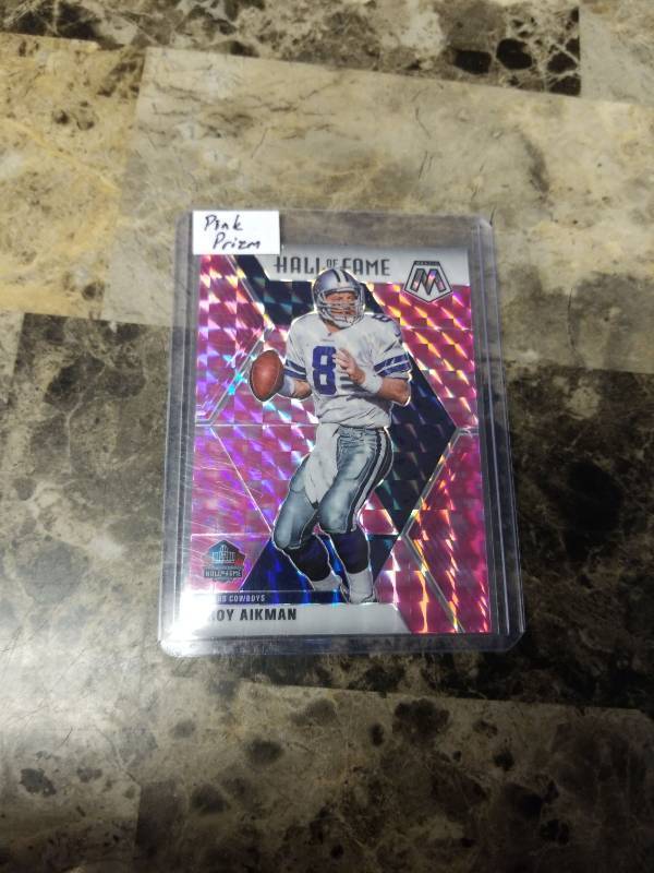 lot 1231 image: 2020 Panini Mosaic Pink Prizm Football Troy Aikman Dallas Cowboys Card