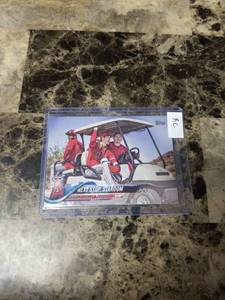 lot 357 image: 2018 Topps Rookie Shohei Ohtani with Mike Trout and Justin Upton Los Angeles Angels Baseball Card