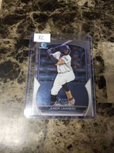 lot 394 image: 2023 Topps Bowman Chrome Junior Caminero Tampa Bay Rays Rookie Baseball Card
