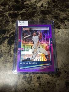 lot 401 image: 2020 Panini Donruss Baseball Purple Foil Ronald Acuna Jr. Atlanta Braves Card