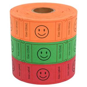 lot 29320 image: L LIKED 1500 Raffle Ticket Rolls, 3 Assorted Colors, 1x2 Inch Smile Ticket for Events, Entry, Class Reward, Parties, Giveaways&Prizes (Red, Orange, Green) - Retail $9