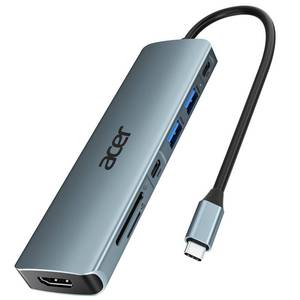 lot 32038 image: Acer USB C Hub, 7 in 1 Multi-Port Adapter for Laptop, 4K, HDMI Splitter with 2 USB A 3.1 & Type-C to HDMI Data Port, PD 100W Charging, SD Card Reader for Computer, Desktop, Space Grey - Retail $20