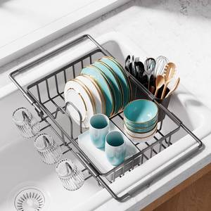 lot 32039 image: Sakugi Dish Drying Rack in Sink - Expandable Stainless Steel Dish Rack Over the Sink, Kitchen Sink Drain Strainer with Cutlery Holder & Cup Holders, 15.4 x 9.8 x 3.0 Inch, Grey - Retail $25